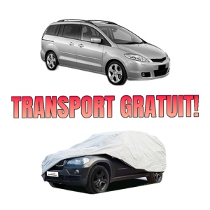 Husa tip prelata auto MAZDA 5 (CR) din 2005-2010, Culoare Gri, material textil impermeabil, rezistanta la intemperii praf UV, CARPASSION Husa Protectie, 4 Stickere auto cu MAZDA