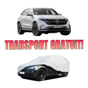 Husa tip prelata auto MERCEDES-BENZ EQC (N293) din 2019-2023, Culoare Gri, material textil impermeabil, rezistanta la intemperii praf UV, CARPASSION Husa Protectie, 4 Stickere auto cu MERCEDES-BENZ