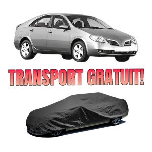 Husa tip prelata auto NISSAN PRIMERA (P12) din 2002-2008, Culoare Negru, material textil impermeabil, rezistanta la intemperii praf UV, CARPASSION Husa Protectie, 4 Stickere auto cu NISSAN