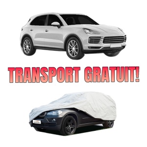 Husa tip prelata auto PORSCHE CAYENNE (9YA) din 2017-2023, Culoare Gri, material textil impermeabil, rezistanta la intemperii praf UV, CARPASSION Husa Protectie, 4 Stickere auto cu PORSCHE