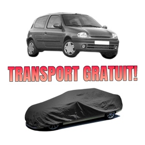 Husa tip prelata auto RENAULT CLIO II (BB_, CB_) din 1998-2016, Culoare Negru, material textil impermeabil, rezistanta la intemperii praf UV, CARPASSION Husa Protectie, 4 Stickere auto cu RENAULT