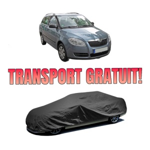 Husa tip prelata auto SKODA FABIA II Combi (545) din 2007-2014, Culoare Negru, material textil impermeabil, rezistanta la intemperii praf UV, CARPASSION Husa Protectie, 4 Stickere auto cu SKODA