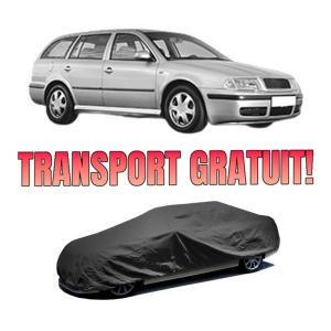 Husa tip prelata auto SKODA Octavia I Combi (1U5) din 1998-2010, Culoare Negru, material textil impermeabil, rezistanta la intemperii praf UV, CARPASSION Husa Protectie, 4 Stickere auto cu SKODA
