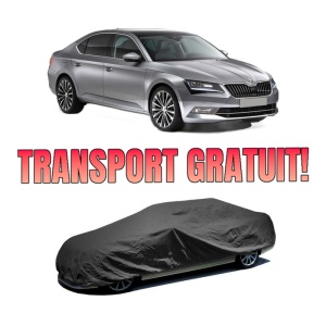 Husa tip prelata auto SKODA SUPERB III (3V3) din 2015-2024, Culoare Negru, material textil impermeabil, rezistanta la intemperii praf UV, CARPASSION Husa Protectie, 4 Stickere auto cu SKODA