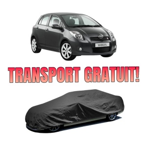 Husa tip prelata auto TOYOTA YARIS (_P9_) din 2005-2014, Culoare Negru, material textil impermeabil, rezistanta la intemperii praf UV, CARPASSION Husa Protectie, 4 Stickere auto cu TOYOTA
