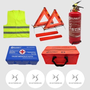 Kit siguranta auto Cri-Flo, Omologat R.A.R, Valabilitate 5 ani, 1x Trusa Prim Ajutor, 2 x Triunghiuri, 1x Stingator tip Spray, 1x Vesta reflectorizanta, Geanta pentru depozitare, 4 Stickere auto cu Ds - Img 2