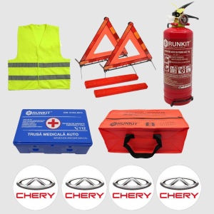 Kit siguranta auto Cri-Flo, Omologat R.A.R, Valabilitate 5 ani, 1x Trusa Prim Ajutor, 2 x Triunghiuri, 1x Stingator tip Spray, 1x Vesta reflectorizanta, Geanta pentru depozitare, 4 Stickere auto cu Chery - Img 2