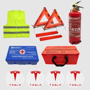 Kit siguranta auto Cri-Flo, Omologat R.A.R, Valabilitate 5 ani, 1x Trusa Prim Ajutor, 2 x Triunghiuri, 1x Stingator tip Spray, 1x Vesta reflectorizanta, Geanta pentru depozitare, 4 Stickere auto cu Tesla - Img 2