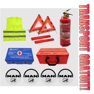 Kit siguranta auto Cri-Flo, Omologat R.A.R, Valabilitate 5 ani, 1x Trusa Prim Ajutor, 2 x Triunghiuri, 1x Stingator tip Spray, 1x Vesta reflectorizanta, Geanta pentru depozitare, 4 Stickere auto cu Man