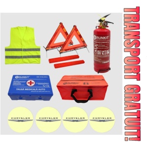 Kit siguranta auto Cri-Flo, Omologat R.A.R, Valabilitate 5 ani, 1x Trusa Prim Ajutor, 2 x Triunghiuri, 1x Stingator tip Spray, 1x Vesta reflectorizanta, Geanta pentru depozitare, 4 Stickere auto cu Chrysler