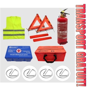 Kit siguranta auto Cri-Flo, Omologat R.A.R, Valabilitate 5 ani, 1x Trusa Prim Ajutor, 2 x Triunghiuri, 1x Stingator tip Spray, 1x Vesta reflectorizanta, Geanta pentru depozitare, 4 Stickere auto cu Lexus