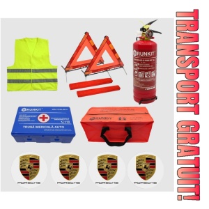 Kit siguranta auto Cri-Flo, Omologat R.A.R, Valabilitate 5 ani, 1x Trusa Prim Ajutor, 2 x Triunghiuri, 1x Stingator tip Spray, 1x Vesta reflectorizanta, Geanta pentru depozitare, 4 Stickere auto cu Porsche