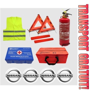 Kit siguranta auto Cri-Flo, Omologat R.A.R, Valabilitate 5 ani, 1x Trusa Prim Ajutor, 2 x Triunghiuri, 1x Stingator tip Spray, 1x Vesta reflectorizanta, Geanta pentru depozitare, 4 Stickere auto cu Nissan