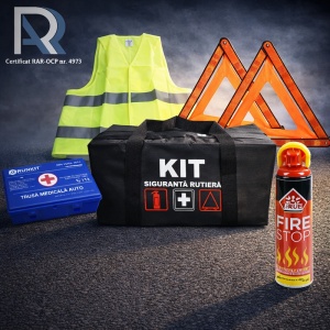 Kit Trusa siguranta rutiera auto, Omologat R.A.R, Valabilitate 5 ani, 1x Extinctor tip spray, 1x Trusa Medicala, 2x Triunghiuri,1x Geanta depozitare neagra, SETRUTIERA - Img 2