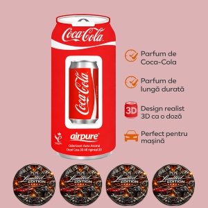 Odorizant Auto 3D Coca Cola Original, Tip Doza, Clip Ventilatie, Parfum Intens și Persistent, Design Realist, Vegan Friendly