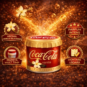 Odorizant Auto 3D Coca Cola Vanilie, Tip conserva, Cupholder, Parfum Intens și Persistent, Design Realist, Vegan Friendly, ideal pentru masina birou casa, 4x Stickere auto - Img 2