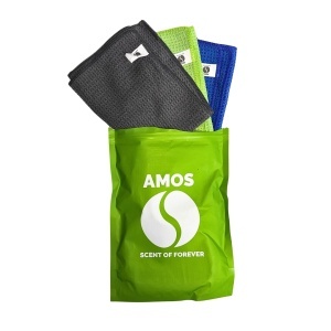 Set 3 prosoape microfibră auto AMOS 400 GSM, ultra absorbante, fără scame, pentru detailing și curatare auto, culori Verde Gri Albastru, 40x40 cm