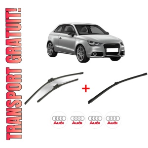 Set 3 stergatoare AUDI A1 (8X1, 8XK) din 2010 - 2018, pentru parbriz si luneta fata si spate auto, Bosch Aerotwin, din cauciuc siliconat rezistent, 4 Stickere Auto AUDI