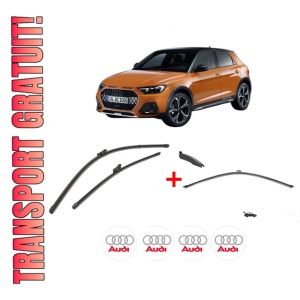 Set 3 stergatoare AUDI A1 City Carver (GBH) din 2019 - 2022, pentru parbriz si luneta fata si spate auto, Valeo Silencio, din cauciuc siliconat rezistent, 4 Stickere Auto AUDI