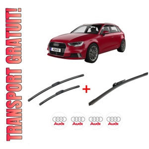 Set 3 stergatoare AUDI A3 Sportback (8YA, 8YF) din 2019, pentru parbriz si luneta fata si spate auto, Bosch Aerotwin, din cauciuc siliconat rezistent, 4 Stickere Auto AUDI