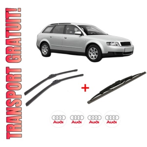Set 3 stergatoare AUDI A4 B6 Avant (8E5) din 2001 - 2004, pentru parbriz si luneta fata si spate auto, Bosch Twin, din cauciuc siliconat rezistent, 4 Stickere Auto AUDI