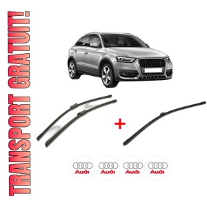 Set 3 stergatoare AUDI Q3 (8UB, 8UG) din 2011 - 2018, pentru parbriz si luneta fata si spate auto, Bosch Aerotwin, din cauciuc siliconat rezistent, 4 Stickere Auto AUDI