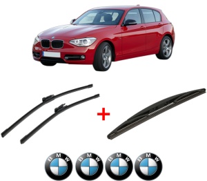 Set 3 stergatoare BMW Seria 1 Van (F20) din 2015 - 2019, pentru parbriz si luneta fata si spate auto, Bosch Twin, din cauciuc siliconat rezistent, 4 Stickere Auto BMW v5855
