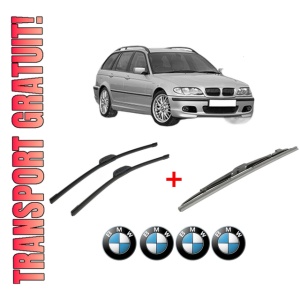 Set 3 stergatoare BMW Seria 3 Touring (E46) din 1999 - 2005, pentru parbriz si luneta fata si spate auto, Bosch Twin, din cauciuc siliconat rezistent, 4 Stickere Auto BMW