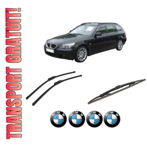 Set 3 stergatoare BMW Seria 5 Touring (E61) din 2004-2010, pentru parbriz si luneta fata si spate auto, Bosch Twin-Aerotwin, din cauciuc siliconat rezistent, 4 Stickere Auto BMW
