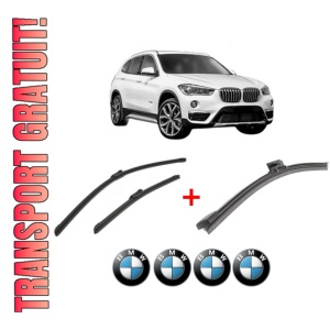 Set 3 stergatoare BMW Seria X1 Van (F48) din 2015 - 2022, pentru parbriz si luneta fata si spate auto, Bosch Aerotwin, din cauciuc siliconat rezistent, 4 Stickere Auto BMW