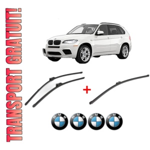 Set 3 stergatoare BMW Seria X5 (E70) din 2006 - 2013, pentru parbriz si luneta fata si spate auto, Valeo Silencio Xtrm, din cauciuc siliconat rezistent, 4 Stickere Auto BMW