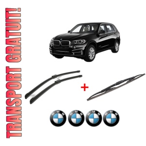 Set 3 stergatoare BMW Seria X5 (F15, F85) din 2013 - 2018, pentru parbriz si luneta fata si spate auto, Bosch Twin, din cauciuc siliconat rezistent, 4 Stickere Auto BMW
