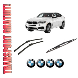 Set 3 stergatoare BMW Seria X6 (F16, F86) din 2014-2019, pentru parbriz si luneta fata si spate auto, Bosch Twin-Aerotwin, din cauciuc siliconat rezistent, 4 Stickere Auto BMW