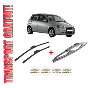 Set 3 stergatoare CHEVROLET AVEO / KALOS Hatchback (T200) din 2003 - 2008, pentru parbriz si luneta fata si spate auto, Bosch Twin, din cauciuc siliconat rezistent, 4 Stickere Auto CHEVROLET