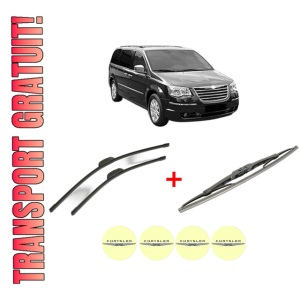 Set 3 stergatoare CHRYSLER GRAND VOYAGER V (RT) din 2008 - 2011, pentru parbriz si luneta fata si spate auto, Bosch Twin, din cauciuc siliconat rezistent, 4 Stickere Auto CHRYSLER