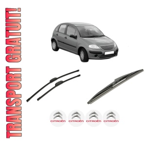 Set 3 stergatoare CITROEN C3 I (FC_, FN_) din 2002-2012, pentru parbriz si luneta fata si spate auto, Bosch Twin-Aerotwin Retrofit, din cauciuc siliconat rezistent, 4 Stickere Auto CITROEN