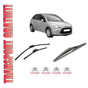 Set 3 stergatoare CITROEN C3 II (SC_) din 2009-2016, pentru parbriz si luneta fata si spate auto, Bosch Twin-Aerotwin, din cauciuc siliconat rezistent, 4 Stickere Auto CITROEN