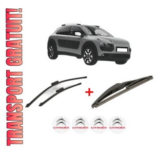 Set 3 stergatoare CITROEN C4 CACTUS din 2014 - 2018, pentru parbriz si luneta fata si spate auto, Bosch Twin, din cauciuc siliconat rezistent, 4 Stickere Auto CITROEN