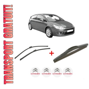 Set 3 stergatoare CITROEN C4 Coupe (LA_) din 2004 - 2011, pentru parbriz si luneta fata si spate auto, Bosch Twin, din cauciuc siliconat rezistent, 4 Stickere Auto CITROEN