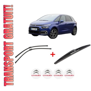 Set 3 stergatoare CITROEN C4 PICASSO II din 2013 - 2018, pentru parbriz si luneta fata si spate auto, Bosch Twin, din cauciuc siliconat rezistent, 4 Stickere Auto CITROEN