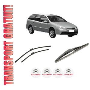 Set 3 stergatoare CITROEN C5 II Break (RE_) din 2004-2008, pentru parbriz si luneta fata si spate auto, Bosch Twin-Aerotwin, din cauciuc siliconat rezistent, 4 Stickere Auto CITROEN