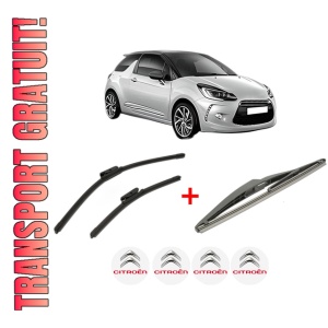 Set 3 stergatoare CITROEN DS3 (SA_) din 2009 - 2015, pentru parbriz si luneta fata si spate auto, Bosch Twin, din cauciuc siliconat rezistent, 4 Stickere Auto CITROEN