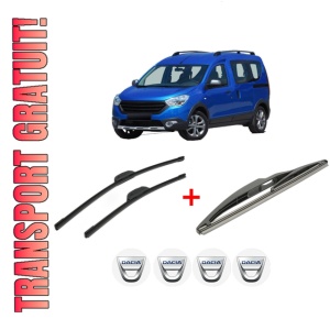 Set 3 stergatoare DACIA DOKKER MPV (KE_) din 2012 - 2021, pentru parbriz si luneta fata si spate auto, Bosch Twin, din cauciuc siliconat rezistent, 4 Stickere Auto DACIA