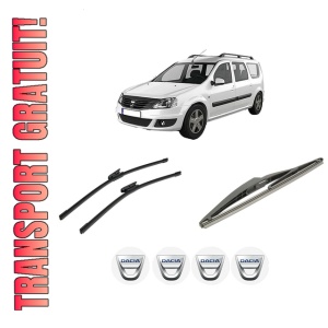 Set 3 stergatoare DACIA LOGAN MCV II din 2013-2019, pentru parbriz si luneta fata si spate auto, Bosch Twin-Aerotwin, din cauciuc siliconat rezistent, 4 Stickere Auto DACIA