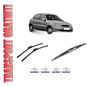 Set 3 stergatoare DAEWOO LANOS (KLAT) din 1997, pentru parbriz si luneta fata si spate auto, Bosch Twin-Aerotwin Retrofit, din cauciuc siliconat rezistent, 4 Stickere Auto DAEWOO