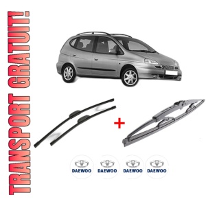Set 3 stergatoare DAEWOO TACUMA / REZZO (U100) din 2000 - 2004, pentru parbriz si luneta fata si spate auto, Bosch Twin, din cauciuc siliconat rezistent, 4 Stickere Auto DAEWOO
