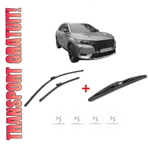 Set 3 stergatoare DS DS 7 Crossback (J4_, JR_, JC_) din 2017 - 2022, pentru parbriz si luneta fata si spate auto, Valeo Silencio, din cauciuc siliconat rezistent, 4 Stickere Auto DS