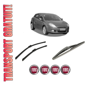Set 3 stergatoare FIAT BRAVO Van (198_) din 2008-2014, pentru parbriz si luneta fata si spate auto, Bosch Twin-Aerotwin, din cauciuc siliconat rezistent, 4 Stickere Auto FIAT