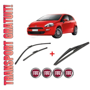 Set 3 stergatoare FIAT PUNTO EVO Hatchback Van (199_) din 2009 - 2012, pentru parbriz si luneta fata si spate auto, Valeo Silencio, din cauciuc siliconat rezistent, 4 Stickere Auto FIAT