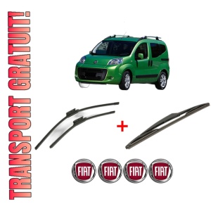 Set 3 stergatoare FIAT QUBO (225_) din 2008, pentru parbriz si luneta fata si spate auto, Bosch Twin, din cauciuc siliconat rezistent, 4 Stickere Auto FIAT